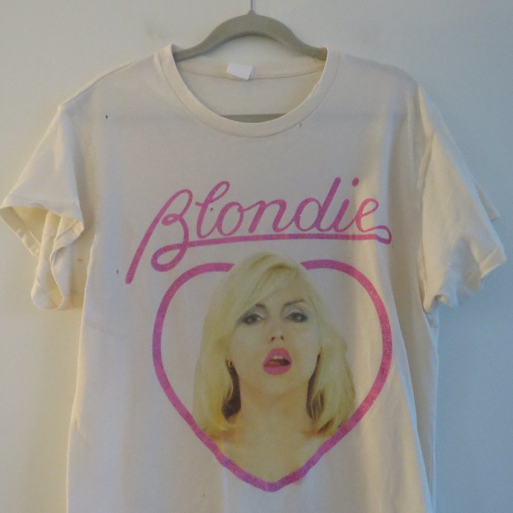 MADEWORN Blondie Distressed Pink Glitter Off White Cotton Graphic Tee T Shirt M - Picture 3 of 14